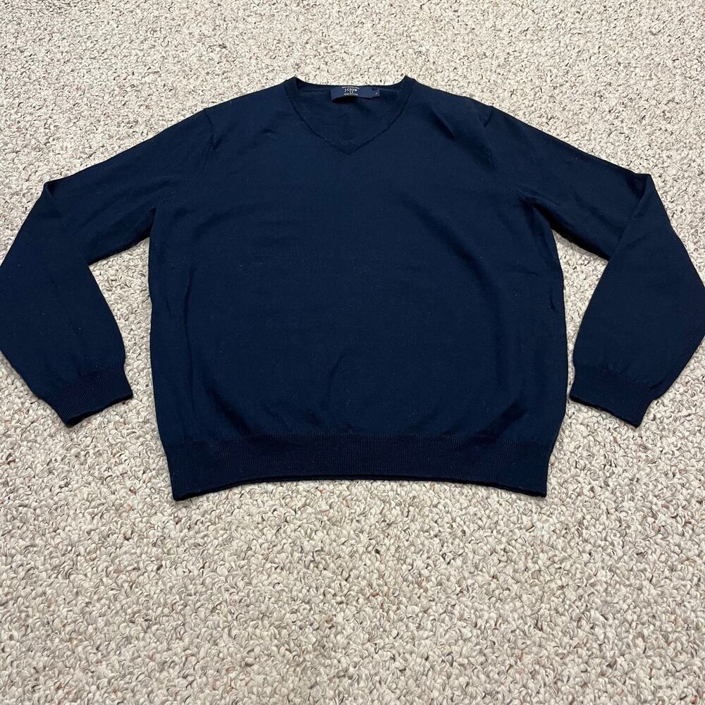 J Crew Merino Wool V-Neck Sweater Mens L Navy Blue Preppy Old Money Classic